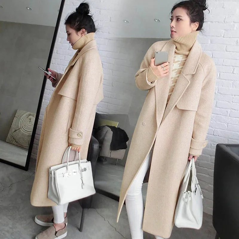 Женское осеннее зимнее длинное пальто с отворотом и длинным рукавом, приталенное длинное пальто FDC99