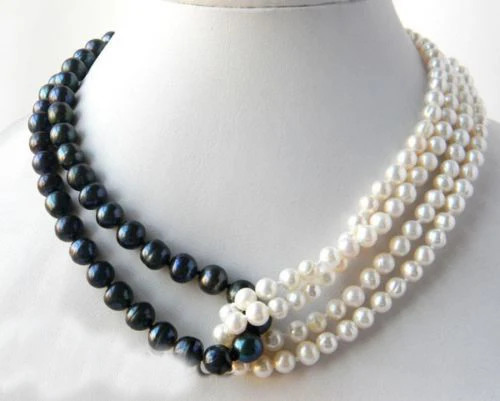 

4Strands 18'' Round 6mm White 8mm Black Freshwater Pearl Necklace