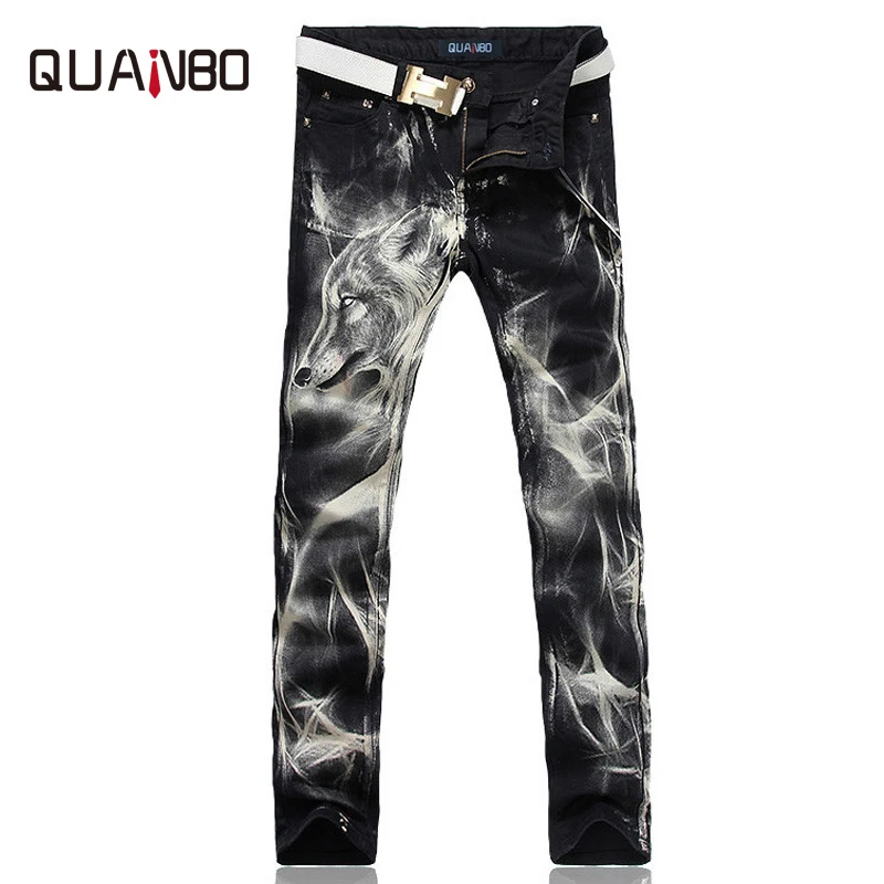 2019 New fashion Men's wolf printed jeans men slim straight Black stretch jeans high quality designer pants nightclubs singers 2019 New fashion Men's wolf printed jeans men slim straight Black stretch jeans high quality designer pants nightclubs singers