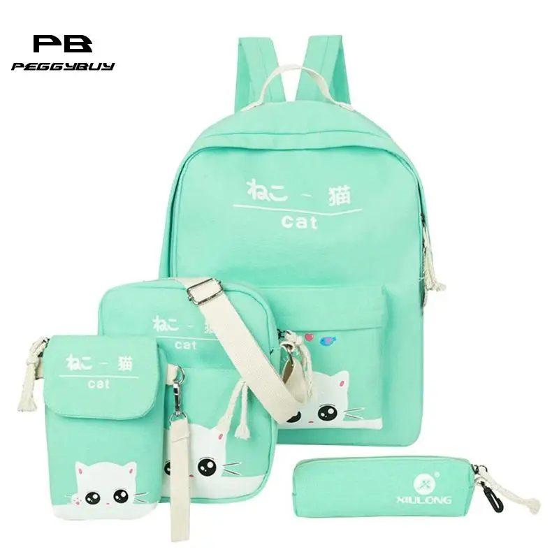 

4pcs/Set Women Cute Backpacks Shoulder Schoolbags Girls Canvas Clutch Composite Pencil Case Bags Student Travel Knapsack Mochila