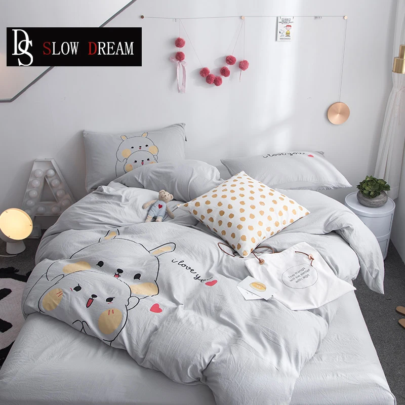 

SLOWDREAM Cute Cartoon Gray Bedding Set Soft Duvet Cover Set Flat Sheet Pillowcase Decor Bed Set Double Queen King Home Textiles