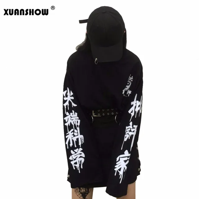 US $9.92 XUANSHOW Oversized Tops Harajuku Punk Gothic Women Streetwear Cutting Edge Science Letter Print Pul