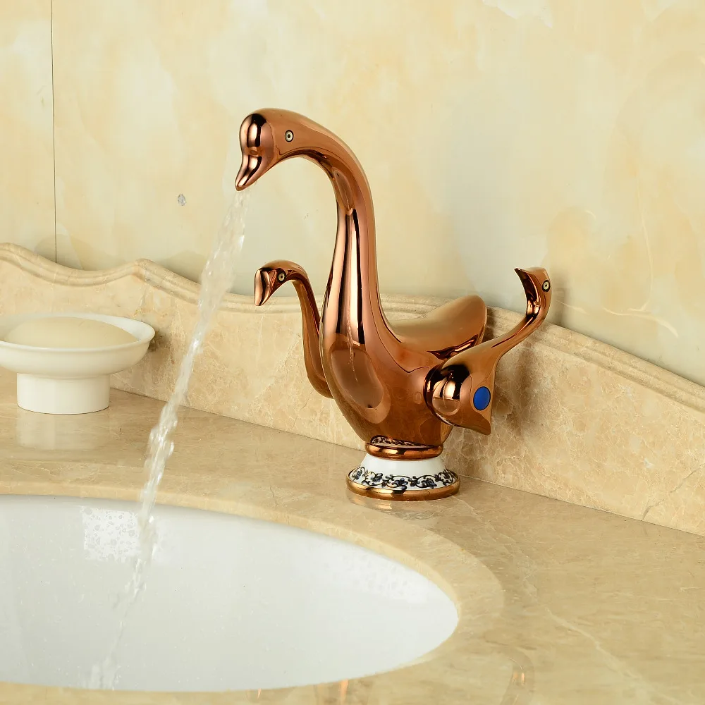 Luxury Rose Gold Duck Shape Bathroom Basin Faucet Dual Handles Vanity