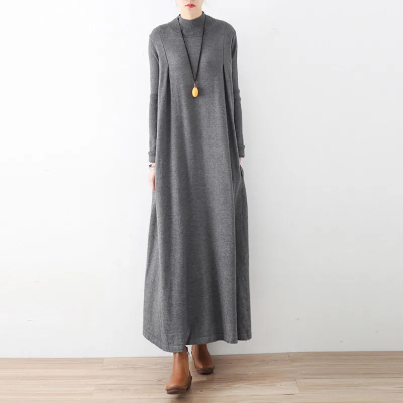 Herfst Winter Lange Maxi Jurk Merk Casual Jurken Grijs Blauw Knit Asymmetrische Lange Mouwen Oversized Coltrui Warme Dikke Jurk