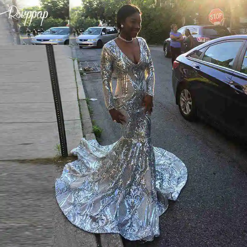

Long Elegant Prom Dresses 2020 Bling Bling Mermaid Long Sleeve V-neck Silver Sequin African Black Girl Sexy Prom Dress