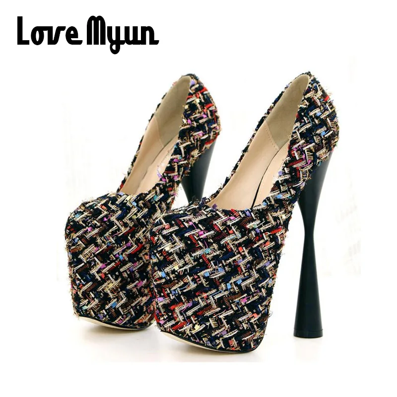 Sexy Ladies Thin Heels Pumps Platform Wool Concise Shallow super High Heels Shoes Woman Wedding Party Shoes 20CM BIG 43. OO-24