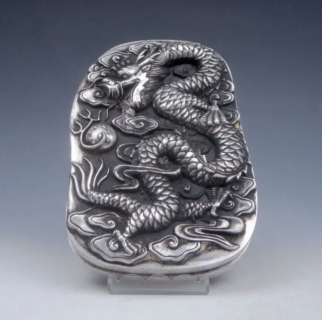 

collectibles Tibetan Silver carving Double Dragon Playing with pearl Ink Slab