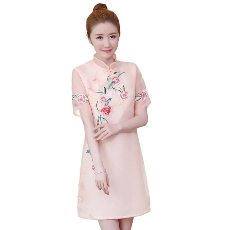 Летняя футболка с вышивкой высокого качества cheongsam длинное кружевное платье Ципао в китайском стиле; платье, вечерний наряд Традиционный китайский современный qipao вечернее - Цвет: pink