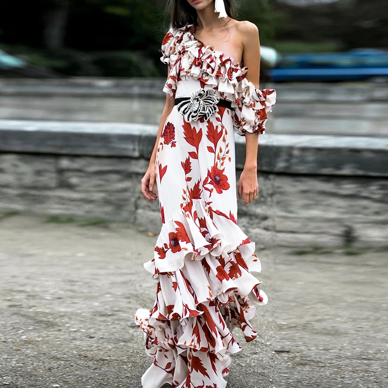 

Summer Fashion 2019 Designer Runway Maxi Dress Women Sexy One-shoulder Floral Cascading Ruffles Ladies Long Dress Clothes