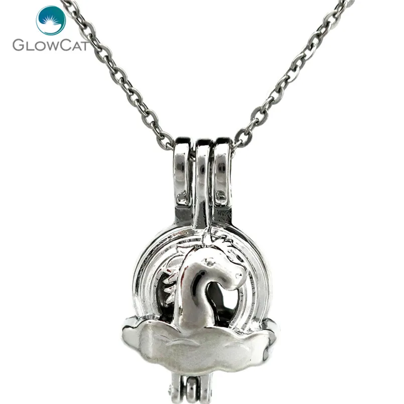 K773 Silver Alloy Mini Rainbow Horse Pearl Cage Pendant Chain Aroma Essential Oil Diffuser Locket Necklace | Украшения и