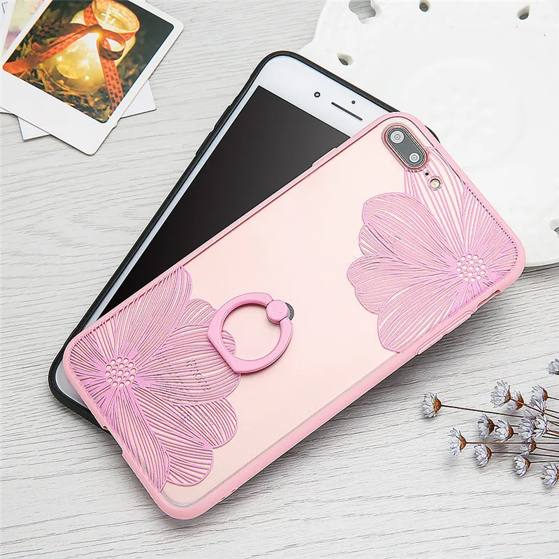 

Luxury Flower case For iphone 7plus Lace Metal Ring Holder Stand phone cases For iphone 6 6s 8 plus Pink black Girl case cover