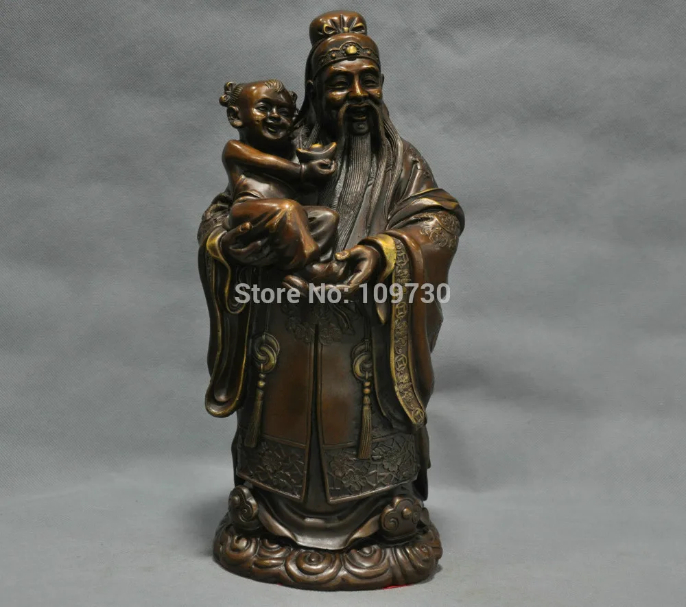 

002891 14'' China Old God Mammon Sending Baby Carve Bats Bronze Statue