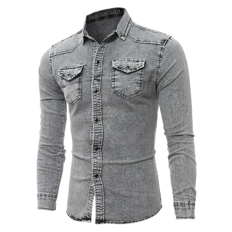 HU&GH M-3XL Men Shirt Jeans Camisa Masculina Male Long Sleeve Casual Denim Slim Fit Dress Shirts Chemise Homme Men`s Denim Shirt (2)