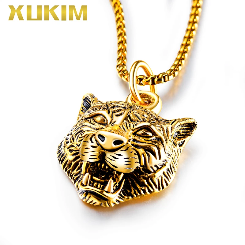 PO418 G Xukim ювелирные изделия панк Золотой тигр животное кулон с цепочкой ожерелье