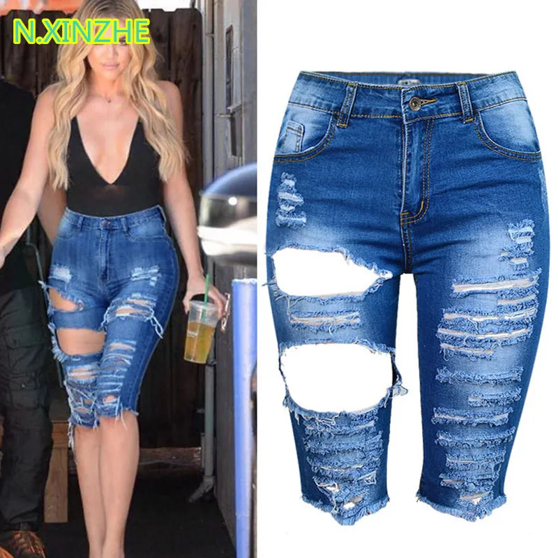 

2019 women clothing high waist tight elastic hole washed pure cotton jeans Female fashion streetwear skinny denim breeches pants
