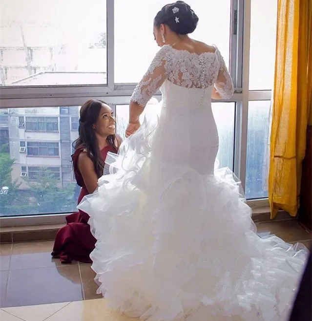 US $149.25 Robe De Mariage Lace Wedding Dresses For Women 2020 Half Sleeve Plus Size Tiered Cascading Ruffles Mermaid Dress Bridal Gowns