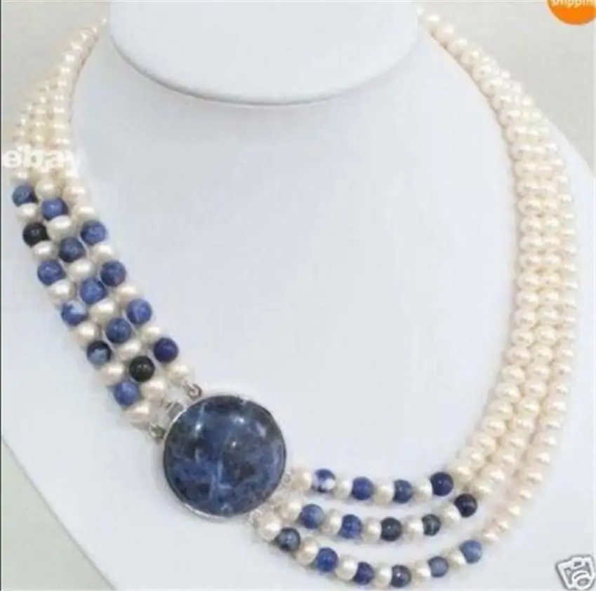 

free shipping *****3 Rows Natural 7-8mm White Cultivation Pearl & Lapis lazuli Round Beads Necklace