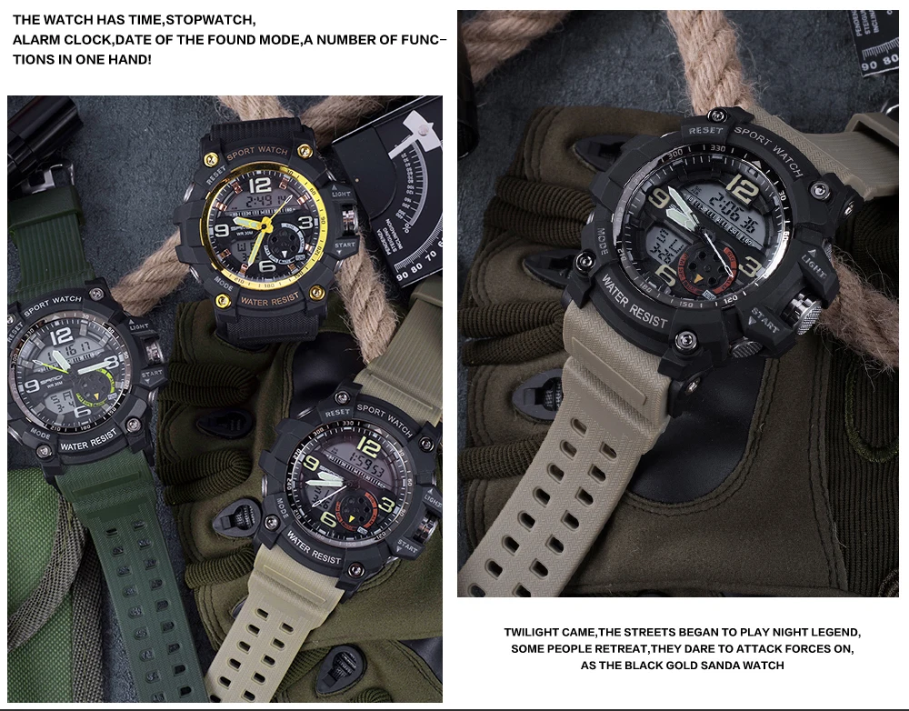 SANDA ударостойкие мужские часы водонепроницаемый светодиодный спортивный военный наручные часы Спортивные кварцевые наручные часы