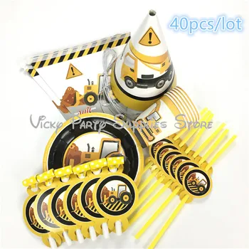 

40pcs/lot Excavator Truck Disposable Tableware Cartoon Car Birthday Baby Shower Excavator Cup Plate Party Decoration Supplies