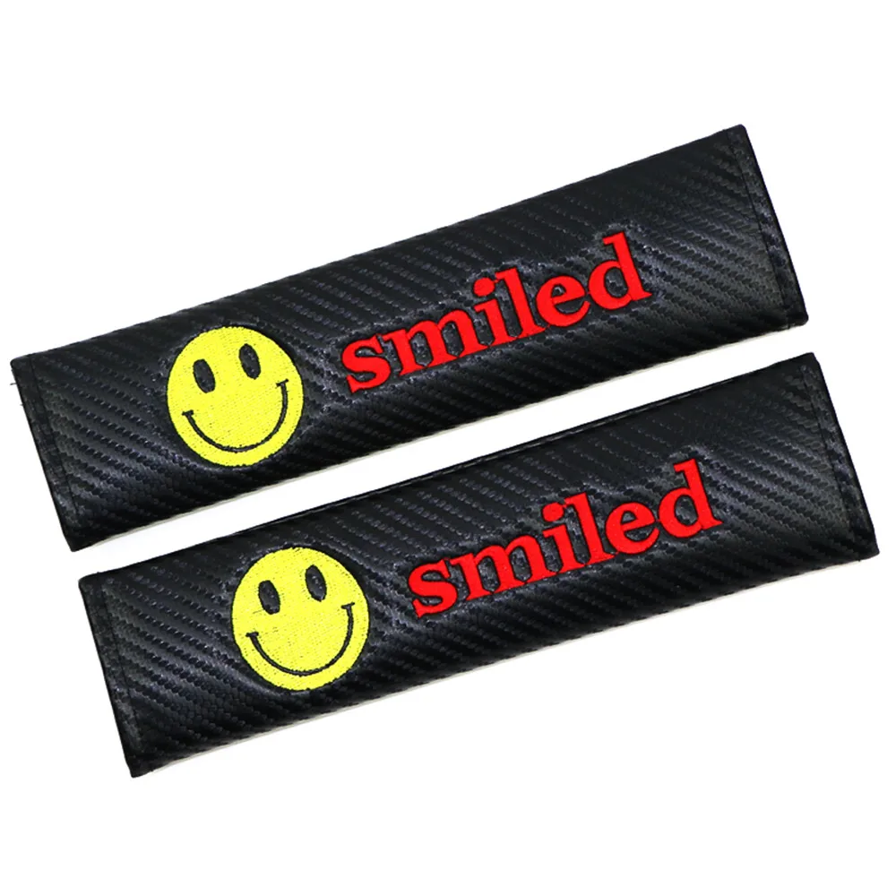 

2Pcs/Set Car Seat Belt Cover Case Carbon Fiber Auto Seat Belt Strap Protector Cover Pads Smile Sign Car Style Accessories