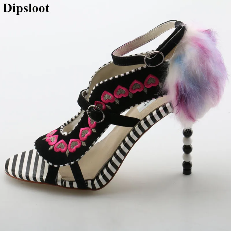 

Dipsloot 2018 Woman Sexy Rabbit Hair Cut-outs Summer Gladiator Sandals Girls Fashion Mixed Color High Heels Dress Shoes Woman