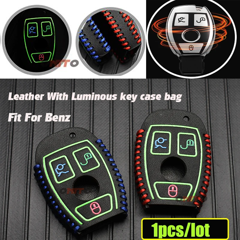 

1pcs Luminous Leather Auto Key Shell Bag 3buttons Car Key Fob Cover Case For Mercedes benz AMG GLA CLA E300L C180L GLC260 GLE