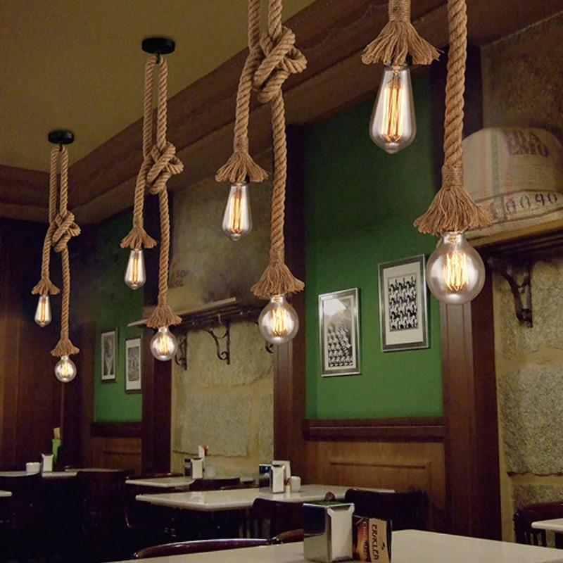 

Vintage Hemp Rope Pendant Light Creative Personality Bulb Industrial Style Pendant Lamp for Restaurant Coffee Loft Decoration