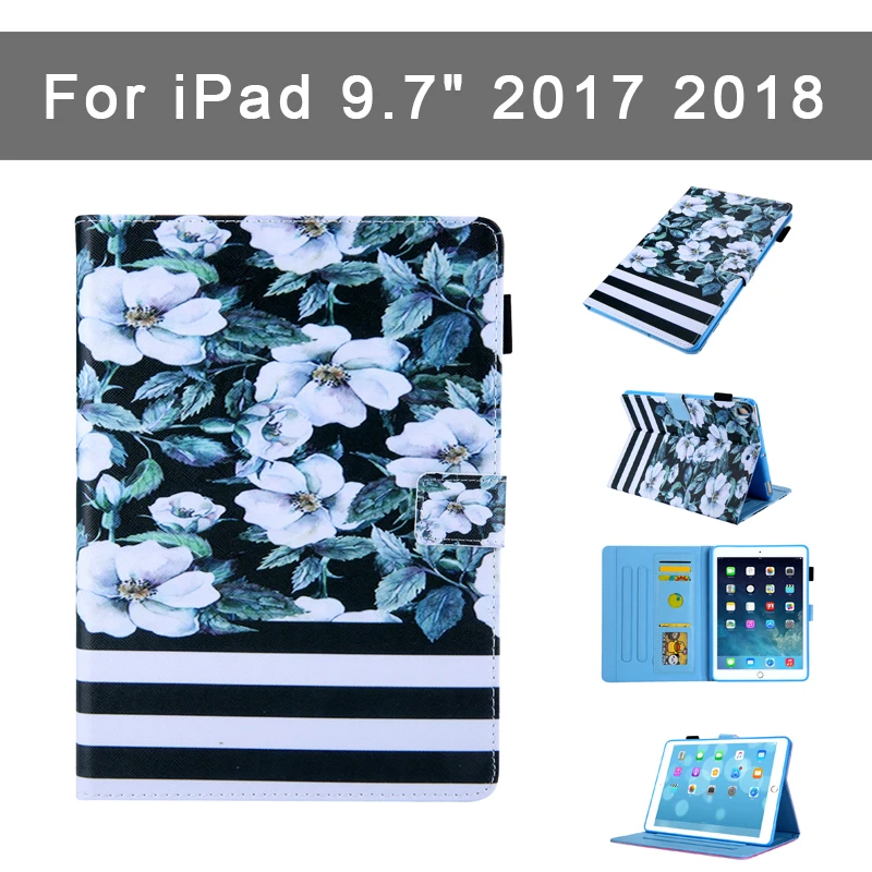 

Fashion Print Case For Apple New iPad 9.7" 2017 2018 Cover Funda cover A1822 A1823 A1893 PU+tpu Stand Shell Can insert cards