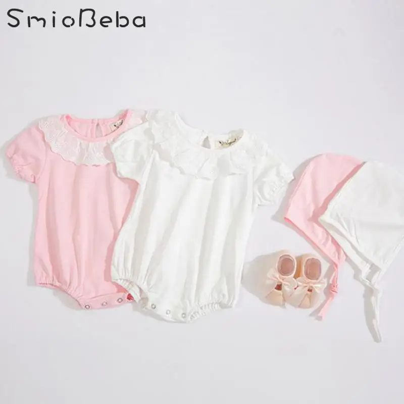 

Two Piece Crawling Girls Rompers+Hats Suit For Summer Infants Young Girls With Lotus Leaf Collar Short Sleeve Baby Rompers Kids