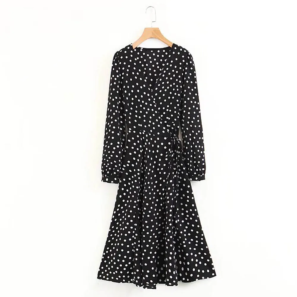 

ANSFX Sexy Women Holiday Cross Deep V-Neck Black Polka Dot Print Beach Lacing up Tied Bow Waist Long Sleeve A-Line Swing Dress