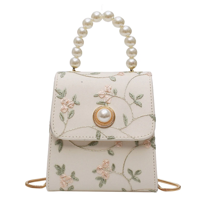 Hot Floral Embroidery Handbag Purse Handbag Pearl Chain Tote Bag Leather Messenger Bags Crossbody Clutch Bag