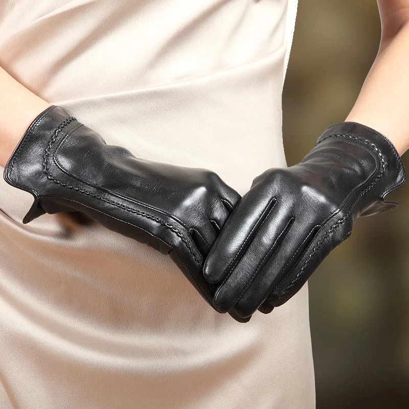 New Arrival 2015 Women Touchscreen Gloves Wrist Genuine Leather Gloves Winter Leather Gloves Plus Velvet Driving Gloves L165NC2