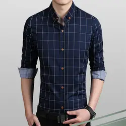 2016 Новая Осенняя мода бренд Для мужчин одежда Slim Fit Для мужчин рубашка с длинными рукавами Для мужчин плед хлопок Повседневное Для мужчин