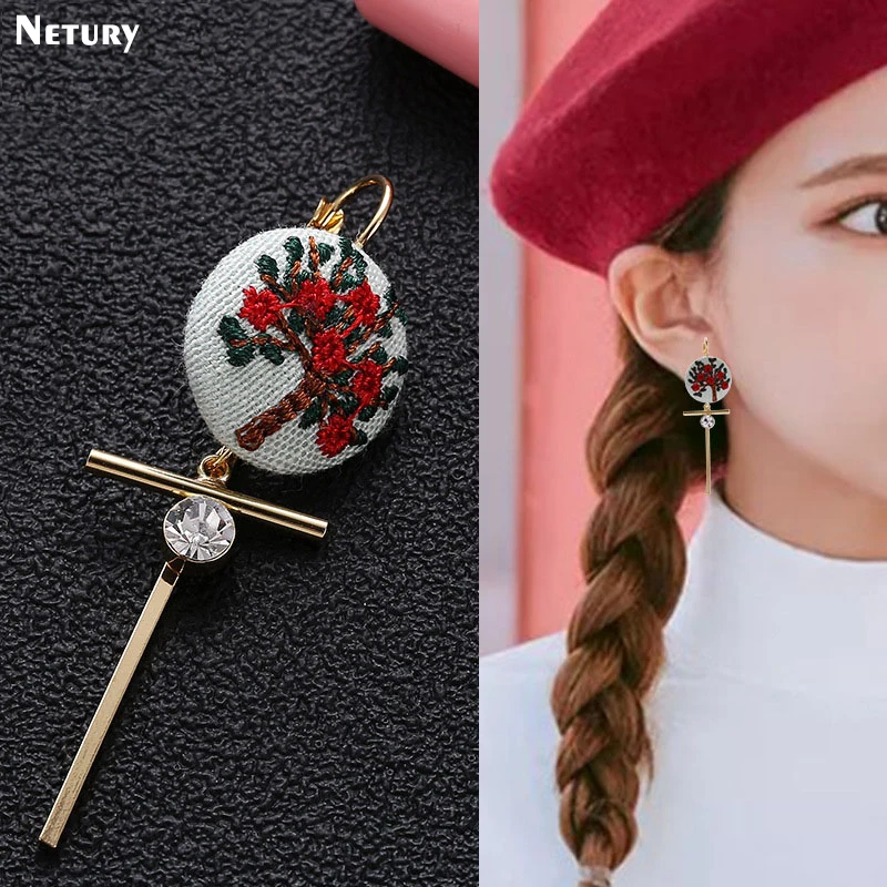 

Women gold stick fashion earrings embroidery cat Flowers fruit cute dangle earrings hand made Embroidered ball Retro jewelry