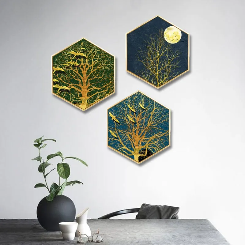 

Nordic style Entrance decoration painting hexagonal painting living room sofa wall painting color life gold foil plant tre mural