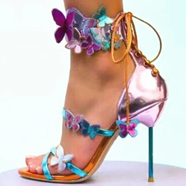 

Sandalias Mujer 2019 Mixed Colors Patent Leather Butterfly Applique Ankle Lace Up Mesh Slingback High Heels Feminina Shoes