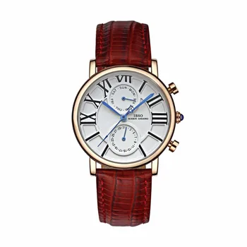 

IBSO Brand Quartz Watches Luxury Rose Gold Genuine Leather Strap Women Watches Calendar Week Display D6802
