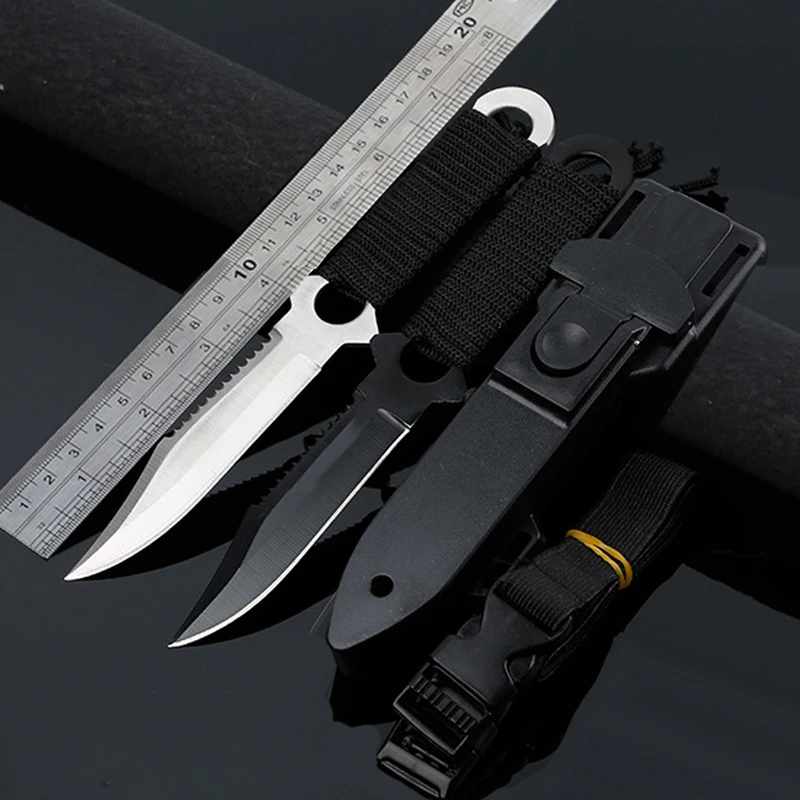 American Survival Knife Black White 440C Fixed Blade Serrated Knives