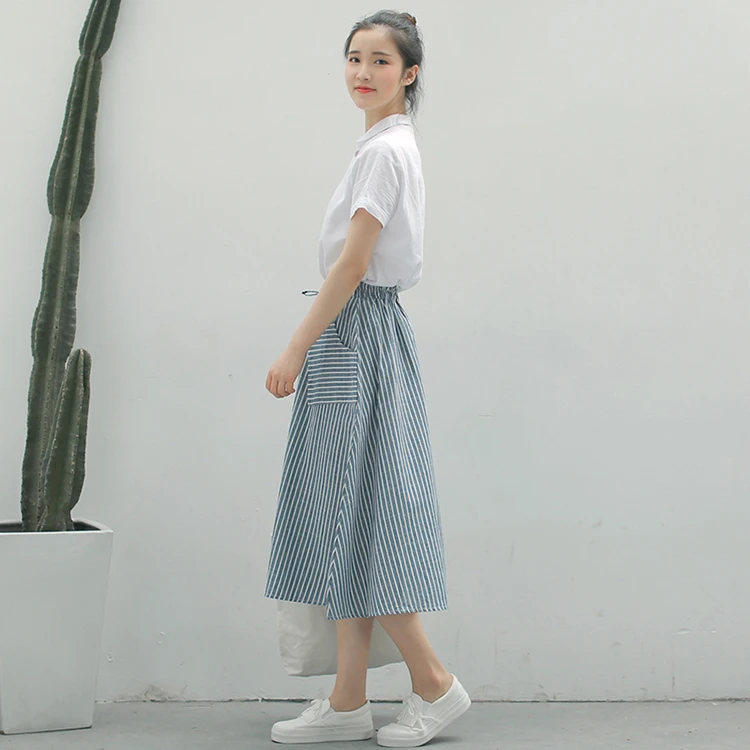 leather skirt Spring Summer Women Vertical stripes Skirts Casual Loose Cotton Linen Female With Pockets Vintage Elastic waist lacing Skirts tennis skirt outfits