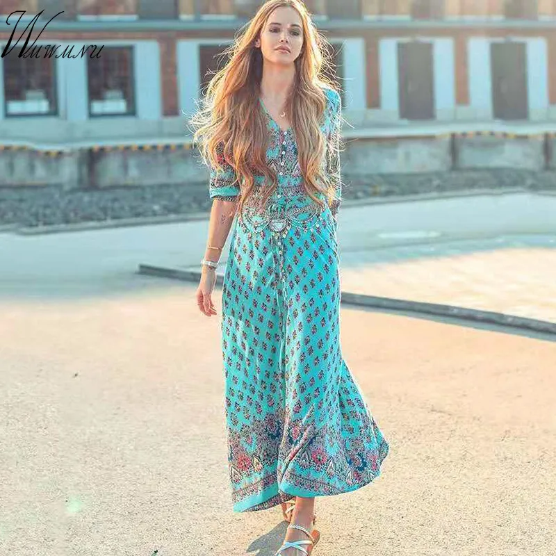 

Bohemian Beach Maxi Dress Print Floral 2019 Summer Women Casual Sexy Dresses Half Sleeve Ethnic Lace Up Party Sundress vestidos