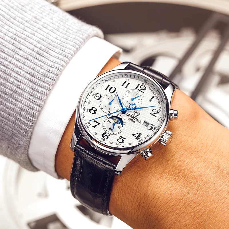 US $68.30 CARNIVAL Blue Hand Multifunction Automatic Mechanical Men Watch TopBrand Luxury Business watch StainlessSteel Case Sport relogio