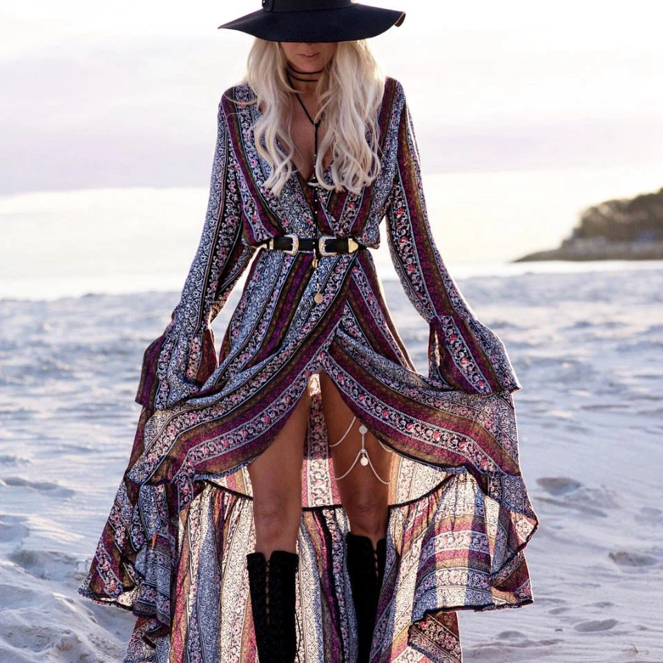 

Bandage Maxi Bohemian Dress Summer Long Sleeve V-neck Split Sexy Hippie Chic Plus Size Holiday Dresses For Women Female Vestidos