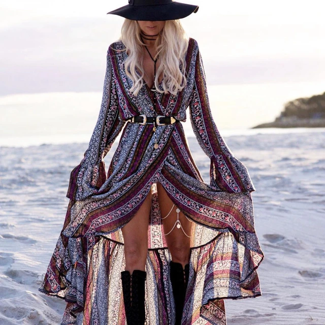 Bandage Maxi Bohemian Dress Summer Long Sleeve V Neck Split Sexy Hippie 