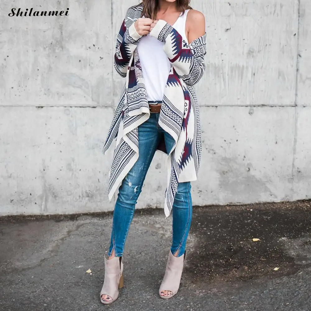 Cardigans Women 2017 Irregular Geometric Printed Cardigan Open Front