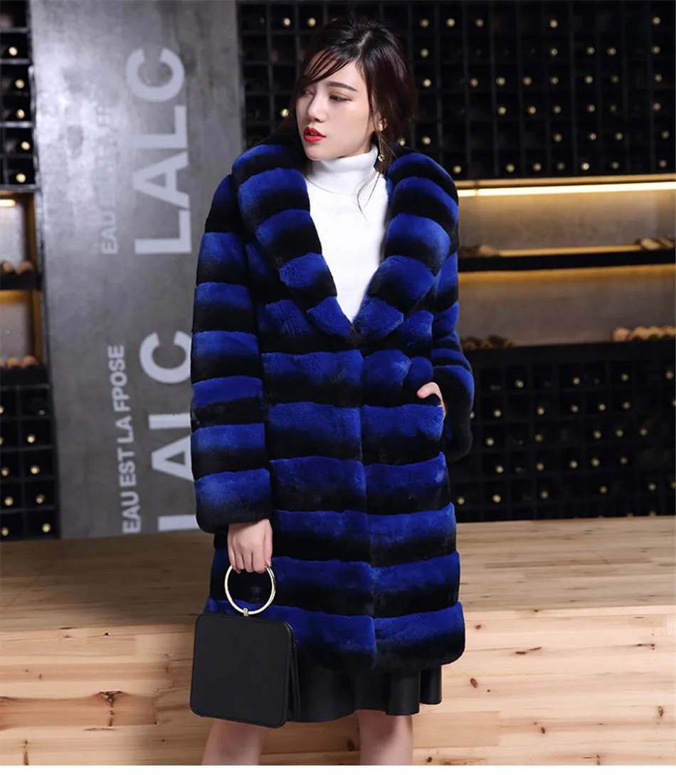 

80cm Russian Rex Fur/Chinchilla Blue Fur Coat/Striped Outwear Totoro Rex Sapphire Blue Fur Coat Luxus Real Fur Long Coat