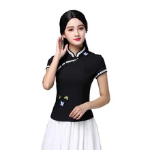 Летняя новинка, женская рубашка с коротким рукавом, Китайская традиционная Женская блузка с воротником-стойкой и бабочкой, топ, элегантная одежда, размер S-3XL