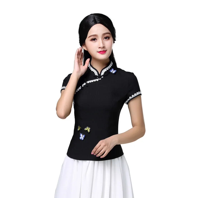 

Summer New Women Short Sleeve Shirt Chinese Traditional Lady Mandarin Collar Butterfly Blouse Top Elegant Clothing Size S-3XL