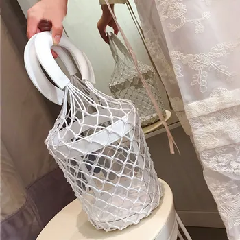 

SUNNY BEACH Transparent PVC Clear Net Net Bucket Handbags Fashion Women Bag Hollow Out Leather Tote Bag Female Hand Bag Korean