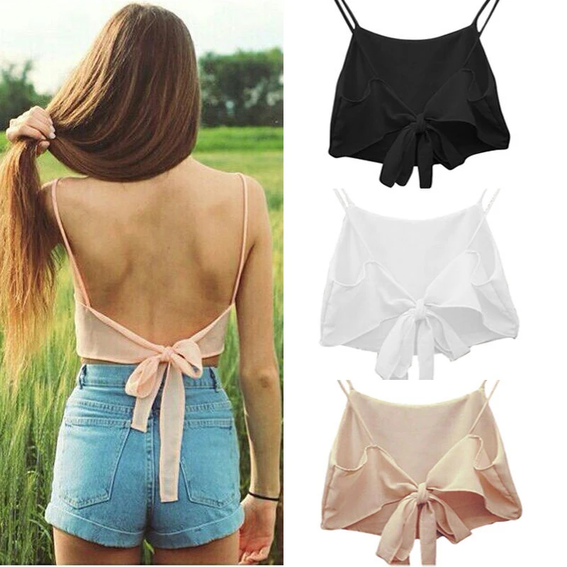 

Summer Sexy Female Crop Tops Women Sleeveless Straps Tank Top Solid Fitness Lady Camis Casual White Black Backless Streetwear