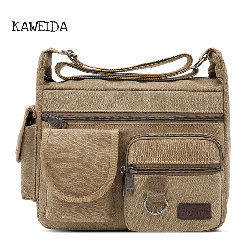 

Men's Vintage messenger bags Canvas crossbody Shoulder Bag Fashion Men Small Business iPad Bag flap Handbag Khaki Coffee Black